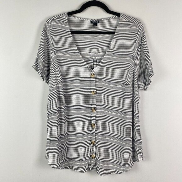 Torrid Rayon Crepe Button-Front Top Sz 3X Blue White Stripe V Neck Short Sleeve - Picture 1 of 10